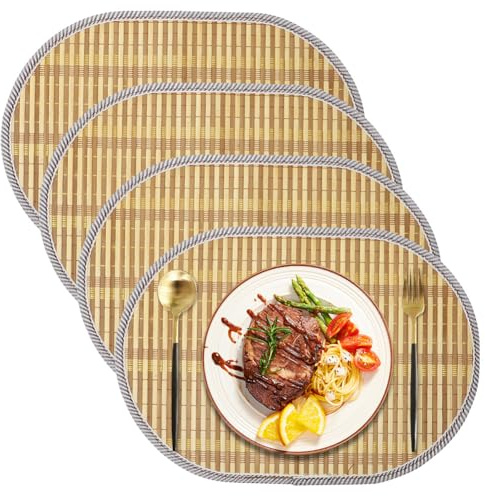 Yuragim 4 Stück Bambus Tischsets für Esstisch, 45×30 cm Oval Tischset Platzsets mit Stoff Grenze Natur Abwaschbar, Aufrollbar Hitzebeständige Platzdeckchen Bambus Platzmatten Set für Küche Speisetisch