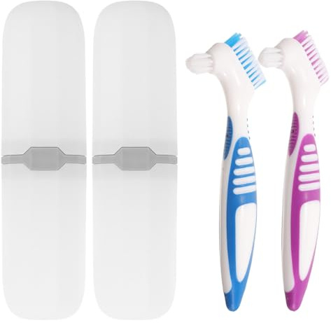 TOKIDNY Set 2 spazzolini dentali a doppia faccia con setole dure per protesi dentarie, portatili e mini, con custodia di plastica resistente, per pulizia orale quotidiana e viaggi