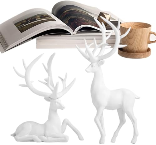 ETUCYNG Figura di renna – 2 pezzi decorazione da tavolo in resina – argento e bianco figura di renna decorazione per la casa – per scrivania, camino, cucina, braciere, vacanze invernali e studio