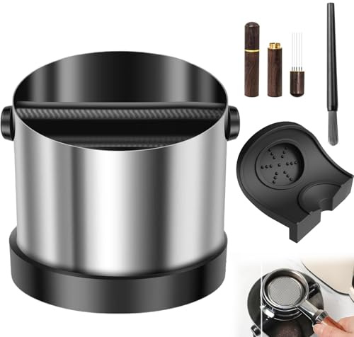 Coffee Knock Box Set, 700ml Stainless Steel Espresso Knock Box with Rubber Knock Bar, Tamping Mat, Coffee Distribution Tool & Cleaning Brush, Non-Slip Coffee Grounds Knock Box, Coffee Accessories