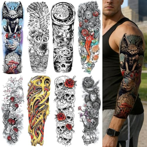 8 Sheets Aresvns Full Arm Temporary Tattoos for Men Adult,Black Realistic Scary Sleeve Tattoo, Last Long for BBQ Beach Pool Beach Party
