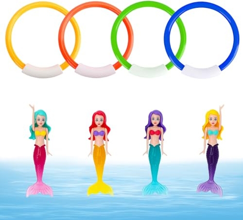 XBAIPIN Giocattolo subacqueo per Bambini, 4 Anelli da Immersione + 4 Sirene, ABS Luminoso in Blu, Arancione, Giallo, Verde, Ideale per Immersioni subacquee e Divertimento subacqueo in Piscina