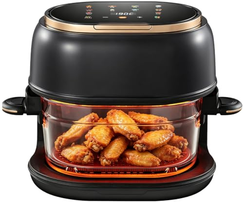 Friggitrice ad aria calda da 4 l, 1350 W, 9 in 1, multifunzione, touchscreen, con cestino in vetro e finestra di visualizzazione, 8 programmi intelligenti e timer 24 ore, per friggere, arrostire
