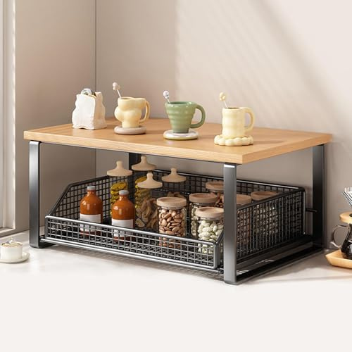 Kawiithn Organisateur de Comptoir de Cuisine en Bois et Métal, Support Machine à Café avec Panier Coulissant, Étagère Rangement Gain de Place pour Tasses Épices Sachets de Thé, 37x26x18cm
