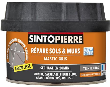 SINTO Repare Sols et Murs Rendu Lisse - Teinte Gris - 280 gr - Idéal pour Réparer les Eclats, Fissures, Trous - Séchage Rapide - Tous Types de Pierres : Marbre, Carrelage, Pierre Bleue, Granit,