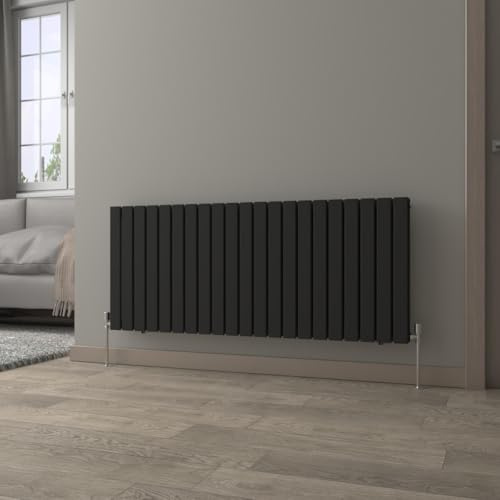 NRG Black Horizontal Radiator 600x1428mm Double Flat Panel Central Heating | Modern, Column Radiator, Mild Steel, Wall Mounted, Designer Radiator, with Brackets, for Bathroom, Kitchen Living Room