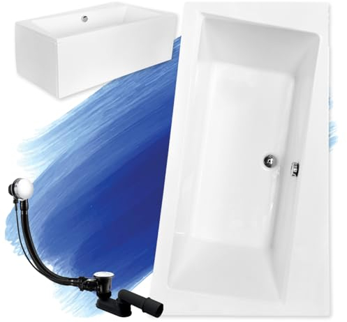 BADLAND Badewanne Original Weiß Acryl Wanne Eckbadewanne INFINITY 160x100 Rechts KOMPLETTSET SET mit Weiß Acrylschürze + Füßen und Exklusive Chrom Automatik Ablaufgarnitur Made in EU 4in1