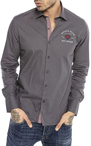 Camisa clásica Manga Larga con Bordado en el Pecho para Hombre Gris XL