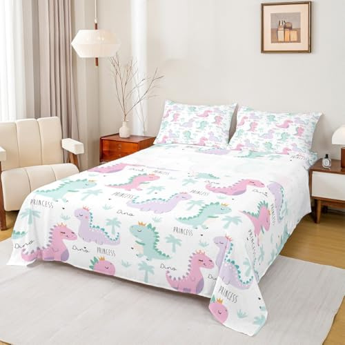 Erosebridal Dinosaur Fitted Sheet Pink Purple Dinos Bedding Set for Kids Girls Cartoon Bed Sheets Lovely Cute Animals Top Flat Sheet 3 Pieces with 1 Pillow Case Deep Pocket Twin