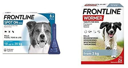 FRONTLINE Spot On Flea & Tick Treatment for Medium Dogs (10-20kg) - 6 Pipettes & FRONTLINE WORMER for Dogs - 2 Tablets