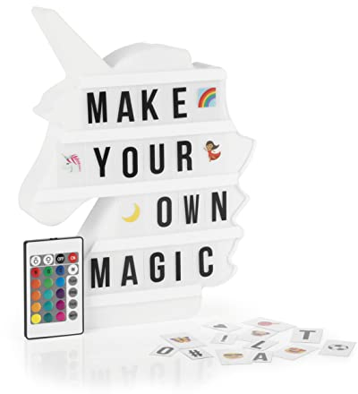 EASYmaxx LED-Leuchtkasten Light Box - Für individuelle Textbotschaften | Mega-Set mit 150 bunten Emojis und 173 austauschbaren Buchstaben, Zahlen und Symbolen [Einhorn]