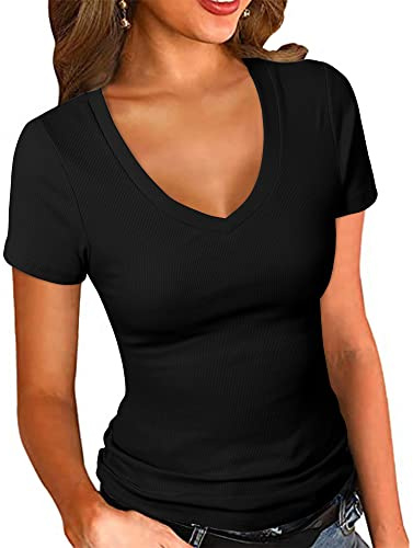 PALINDA Women's Short Sleeves Ribbed Fitted Shirt Basic V Neck Slim T Shirt Tops(Black M)