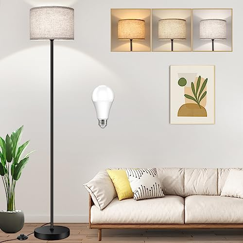TOBUSA Floor Lamp for Living Room Bedroom with 3CCT LED Bulb, Modern Standing Lamp Drum Shade, 65’’ Tall with Foot Switch Black Pole, Dimmable Simple Design Stand Up Lamp for Home Office Reading