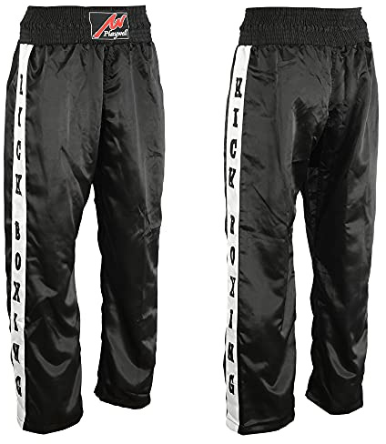 Playwell Kickboxing Satin full kontakt träningsbyxor - svart/vita lappar