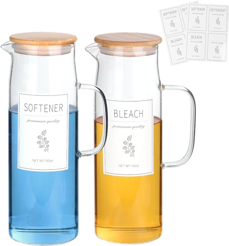 KitHero Laundry Detergent Dispenser Set with Bamboo Lids and Handles - Easy Pour 2 Pack 50 oz Liquid Laundry Containers for Laundry Room Organization and Storage