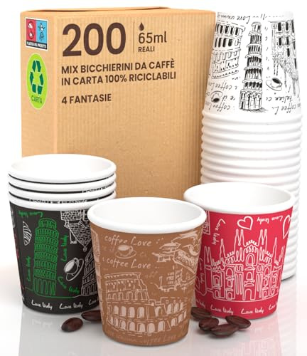 Eurocali 200 Bicchierini in Carta per caffè 65ml Italy Mix Bicchieri Ecologici Biodegradabili Monouso Piccoli Asporto Bevande Calde