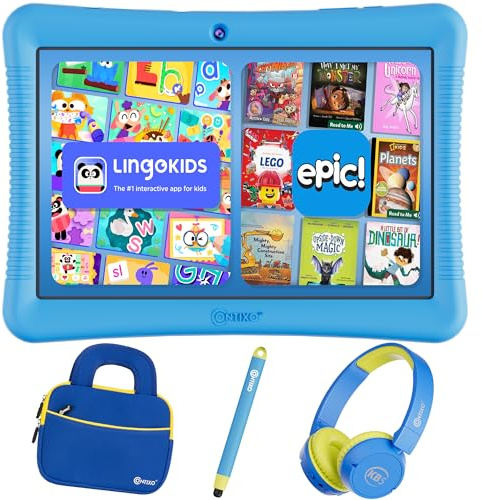 Contixo 10 Android Kids Tablet Bundle - 32GB, Epic! & Lingokids Educational Apps, Parental Controls, Kid-Proof Case w/Kickstand & Stylus, Headphones & Sleeve Bag - Blue