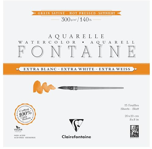 Clairefontaine 976025C - Block Aquarellpapier Fontaine extraweiß & satiniert, 4-seitig geleimt, 12 Blatt 300g 20x20 cm, 1 Stück