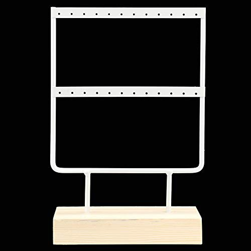 NOENNULL Ohrring-Organizer, 2 Etagen, 24 Löcher, Schmuck-Organizer, Präsentationsständer, Metall-Ohrringhalter mit Holzsockel, Ohrringständer Zuhause (weiß)