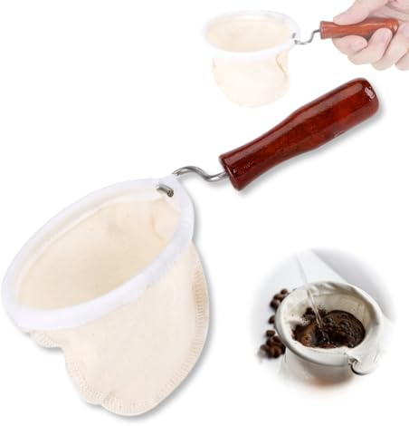 Filtro de café de tela con más sentido del ritual, filtro de café hecho a mano, preferido, lavable, reutilizable, de franela con colador de mango de madera con mango de madera para amantes del café,
