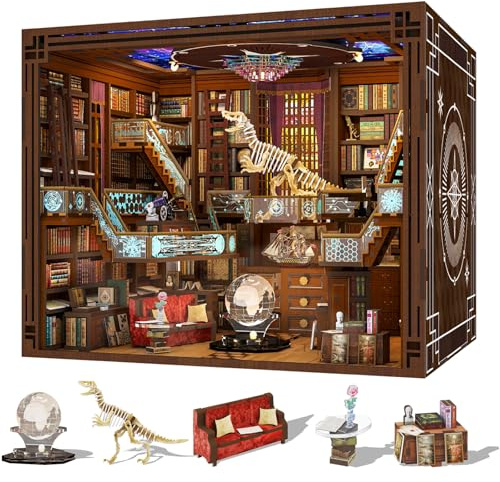 MiniCity Beyond Library MaxBook Nook Kit, Holzpuzzle fürs Bücherregal | DIY-Modell mit 1074 Teilen und 18 × 23 × 18 cm; LED, Staubschutz, Kleber und Werkzeug, Aufbau 8–10 Std., ab 14 Jahren.