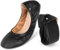 OFFCUP Roll up Shoes, Black Leather Ballet Flats, Portable Round Toe Slip On Dolly Shoes, Ballet Pumps for Women Ladies for Weddings and Parties Work Office Formal (UK 7)