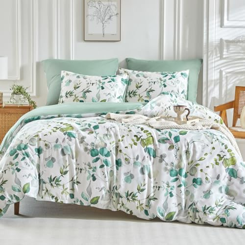 Tokokimo Super King Duvet Set White Bedding Sets, Blue Botanical Leaves Printed Super King Duvet Cover (1x Duvet Cover + 2x Pillowcase) Superking Bedding Set, White Blue/Printed