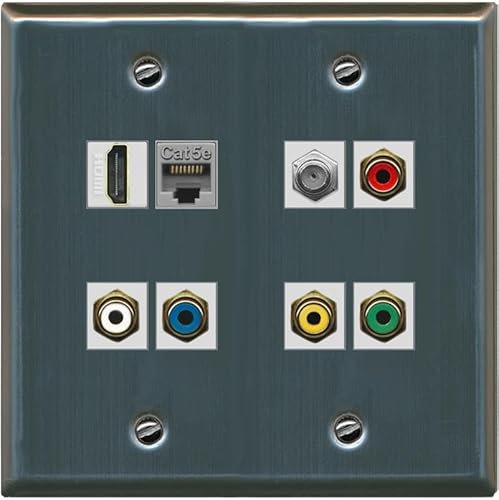 RiteAV 5 placas de pared de componentes compuestos RCA (rojo-blanco-amarillo-verde-azul) con HDMI Cat5e y coaxial tipo F, plano de 2 bandas [acero inoxidable]