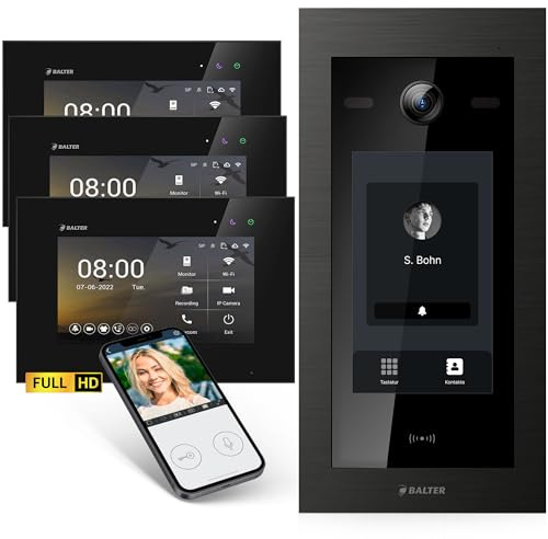 Balter EVO-HD Video Türsprechanlage mit Touchscreen Türstation, Video Türklingel, Smartphone App, 1 Familienhaus, 3X 7 Zoll Monitore, Türklingel mit Kamera Full HD, 2 Draht Bus, 175° Weitwinkel, RFID