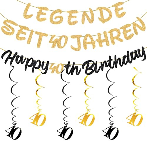 Deko 40. Geburtstag Frauen Mann - 42 Stücke 40 Jahre Geburtstagsdeko Girlande Schwarz Gold Banner Dekorationen, Spiralen Hängedeko für Legende Seit 40 Jahren