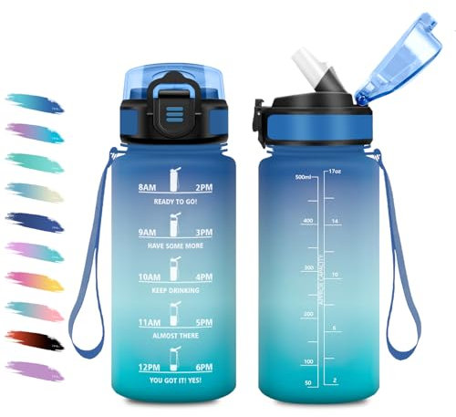 Borraccia Bambina 500ml, a Prova di Perdite, Bottiglia Motivazionale con Cannuccia, Bottiglia Acqua Sportiva con Indicatore del Tempo, Borraccia per Bambini, Campeggio, Scuola, Ufficio, Lavoro