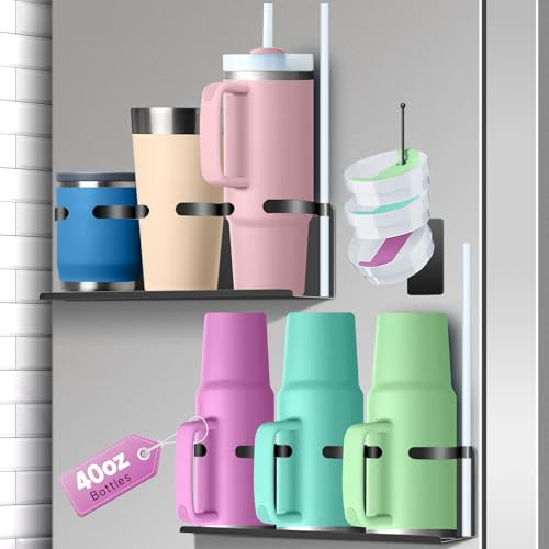 MENOLY 2Pack Magnetic Stanley Cup Holder for Fridge Cabinet Wall Stanley Cup Accessories for Stanley 30/40 oz Tumbler Water Bottles Organizer with 3-Cup, Gifts Ideal
