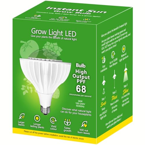 36W LED Pflanzenlampe Vollspektrum E27 Sockel für Zimmerpflanzen,LED Grow Light mit High PPFD Wachstumslampen für Gewächshaus,Garten,Blumen,Gemüse,Hydroponik,400W Äquivalent,5000K+Blue+Red,Ø12 *15.3cm