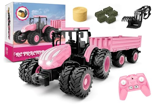 Tractor de juguete con control remoto [2025] Juego de tractor a control remoto para niños y cargador frontal de camión y remolque, cabeza de coche de metal, 8 ruedas/luz, juguetes de vehículos