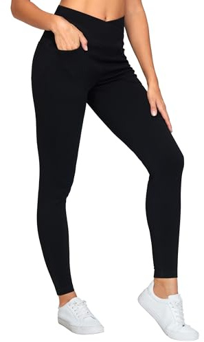 THE GYM PEOPLE Pantalon jegging en jean à col en V croisé pour femme taille haute extensible skinny avec poches, noir, Taille XL