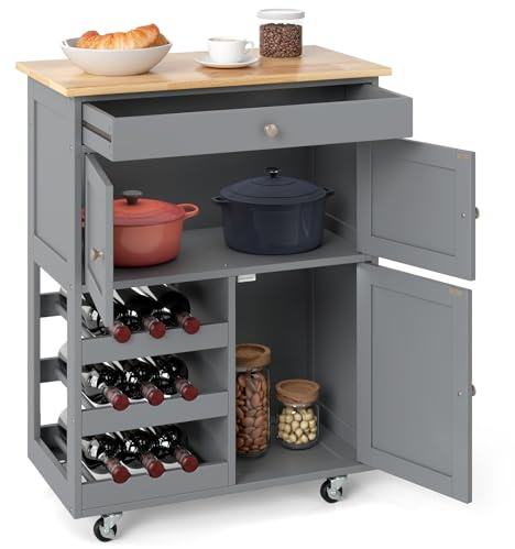 COSTWAY Carro de Cocina, Isla de Cocina con Superficie de Madera de Goma, Cajón, Botellero con 3 Niveles, 2 Armarios, Carrito Giratorio Ideal para Restaurante Cocina Bar (Gris)