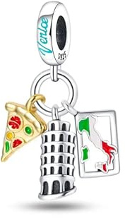 Streetculture Breloque italienne – Pizza, tour ardoise de Pise et pendentif carte d'Italie – Bracelet à breloques chaîne bijou idée cadeau accessoire argent sterling 925