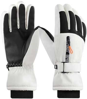 Andiker Ski Gloves Mens, Windproof Waterproof Thermal Gloves with Zipper Pocket Anti-lost Buckle Touchscreen Winter Glove for Men Skiing Snowboard (White)