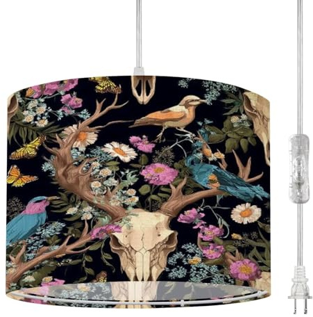 RAINFALLARING Plug in Pendant Light Fern Leaves Deer Skulls Flowers Boho Hanging Lamp with Plug in Cord 16.4 ft Dimmable Hanging Light for Bedroom Kitchen Island Living Room