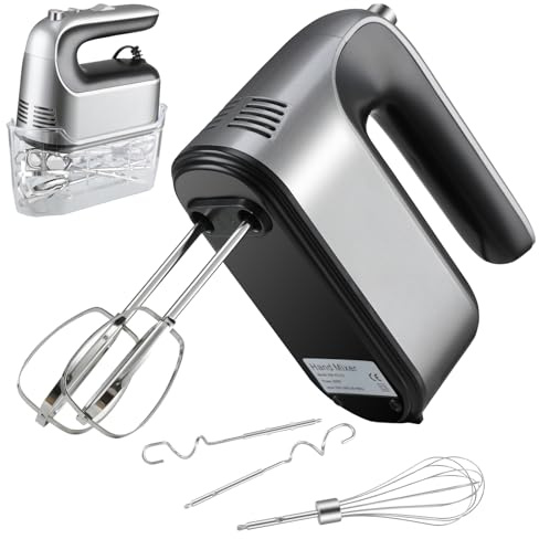 Hand Mixer Electric Whisk, Food Kitchen Mixer, 5 Self Control Speed with Turbo Button, Electric Whisk with Storage Case, 5 Stainless Steel Accessories for Baking, Dough, Bread, Eggs, Cream (Silver)
