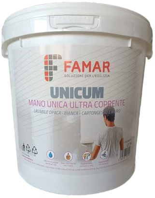Pittura Famar Unicum 14l - Vernice unica ultra coprente bianca antiriflesso lavabile opaca per cartongesso e muro a mano unica