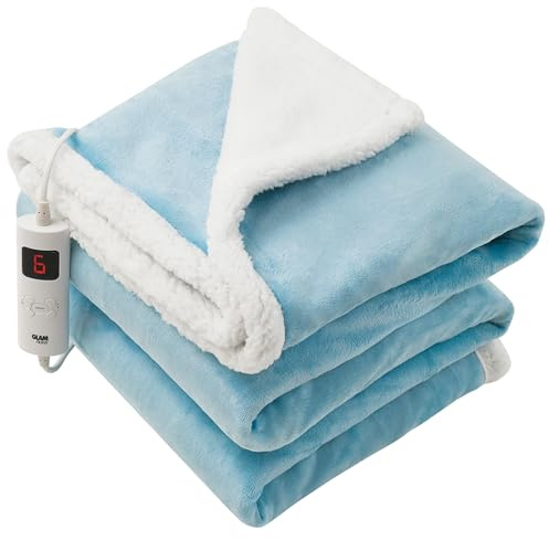 GlamHaus Luxury Electric Heated Throw, Large Reversible Fleece Over Blanket for Sofa or Bed, 160 x 130cm, Heat And Timer Setting, Auto Shut Off, Digital Controller, Machine Washable (Aquamarine Blue)