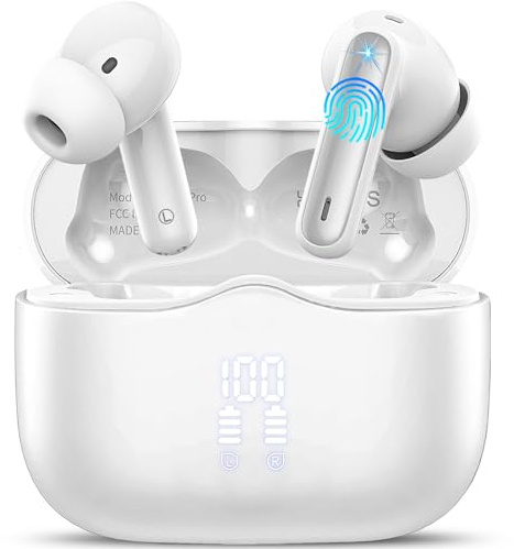 Cuffie Bluetooth 5.4 In Ear, Auricolari Bluetooth HiFi Stereo con 4 Mics ENC Cancellazione Rumore, 40 Ore Cuffie Wireless LED USB-C, IP7 Impermeabili Cuffiette Senza Fili per iOS Android, Bianco