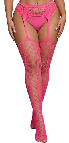Eagerlove Calze a Rete Sexy Taglie Forti Regalo di San Valentino Collant con Reggicalze Bas Autoreggenti Vita Alta Lingerie Taglie Forti-Rosa Antico M-L Taglie Forti