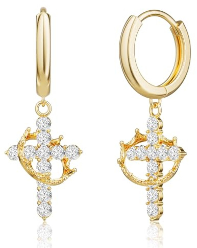 AOSWUD Kreuz Creolen Damen,18K vergoldete Ohrringe mit Kreuz Zirkonia Anhänger,elegante christliche Schmuckstücke religiöses Geschenk für Ostern und Muttertag