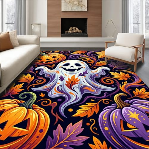 Design&I Low Pile Flatwoven Area Rug 3x5, Haunted Ghost Motif Punch Needle with Autumn Harvest Accents, Machine Washable, Stain Resistant Indoor Rug for Living Room, Bedroom, Non Slip(Black, 3x5)