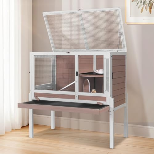 AivituvinPet Kleintierkäfig Indoor Deluxe, Nagerkäfig, Kleintierstall, Holz, Metallgitter, Hasen, Kaninchen, Meerschweinchen, Hamster, mit Holzhaus (Braun)