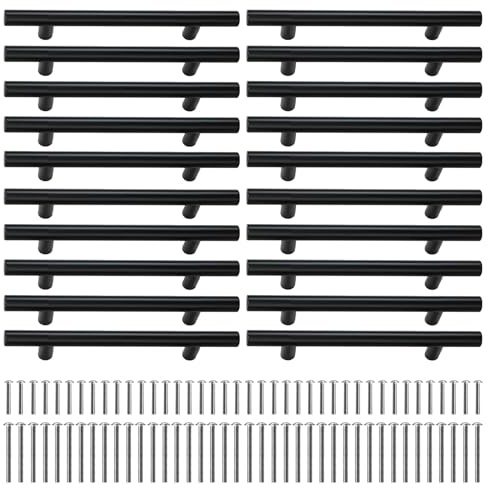 ZBXSNK 20 Pack Matt Black Kitchen Cupboard Handles 128mm Hole Center, Stainless Steel T Bar Drawer Cupboard Door Handles 20cm Overall Length for Kitchen & Cabinet Doors, Wardrobe Nightstands