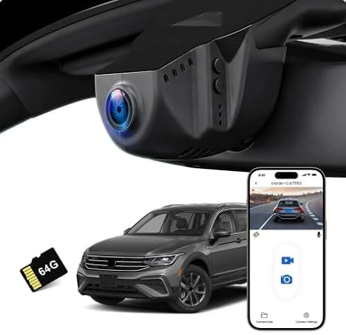 DashCam 4K lämplig för VW Tiguan 2018–2024, bilkamera 2160P video WiFi, G-sensor, parkeringsläge, loopinspelning, 150° vidvinkel dashcam bil, plug&play, 64 GB kort