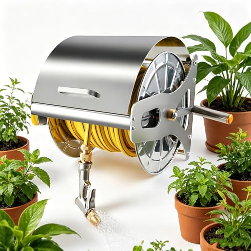 GESAIDES Supporto per Tubo dell'Acqua in Acciaio Inox, Avvolgitubo da Giardino a Parete, Avvolgitubo Portatile, capacità Fino a 50 Metri (1/2 Pollice), Ideale per Giardini, Irrigazione, Prati 30m
